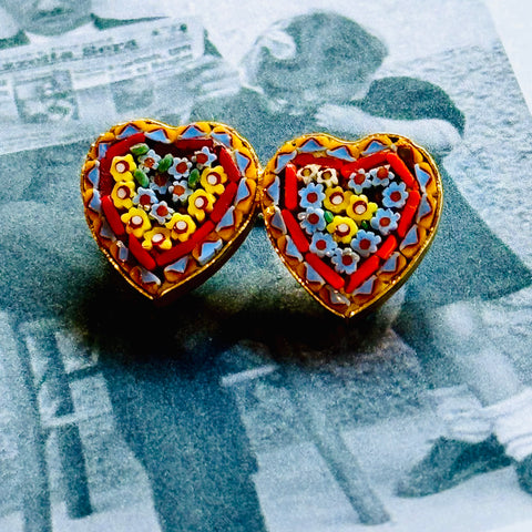 Leoni & Vonk vintage double heart micro mosaic brooch on a vintage postcard.