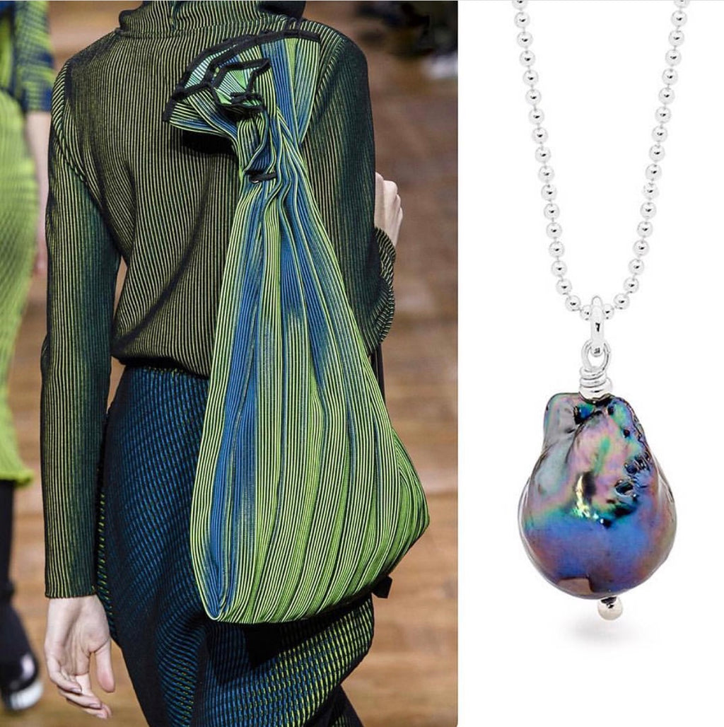 Leoni & Vonk peacock baroque pearl necklace and Issey Miyake outfit