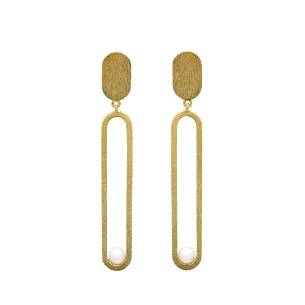 Leoni & Vonk gold stud dangle and pearl earrings on a white background.
