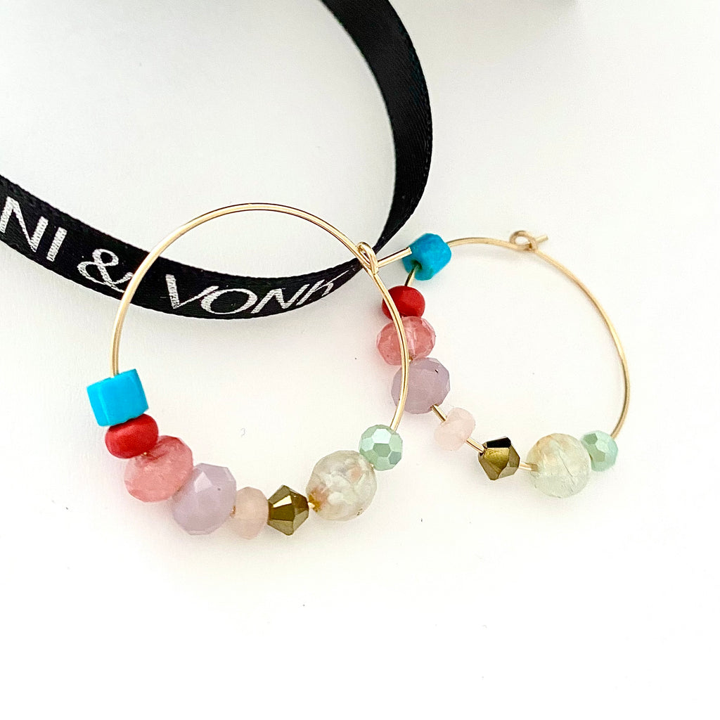 Leoni & Vonk colourful bead and gold hoop earrings with Leoni & Vonk ribbon