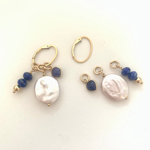 Leoni & Vonk interchangeable pearl, lapis and sapphire earrings on a white background