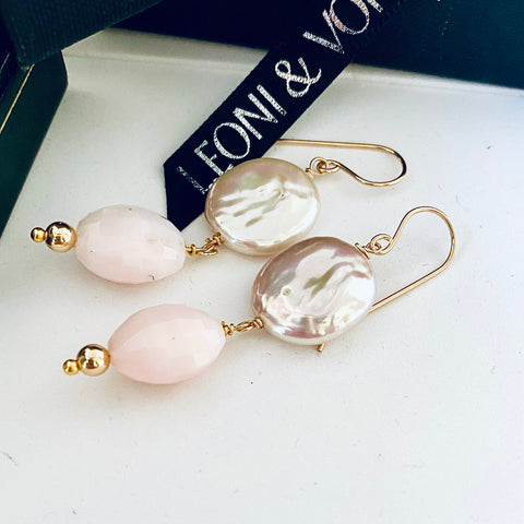 Leoni & Vonk pink opal and keshi pearl earrings  on a white background and with Leoni 7 Vonk ribbon. Pink opal is one of October's birthstones.