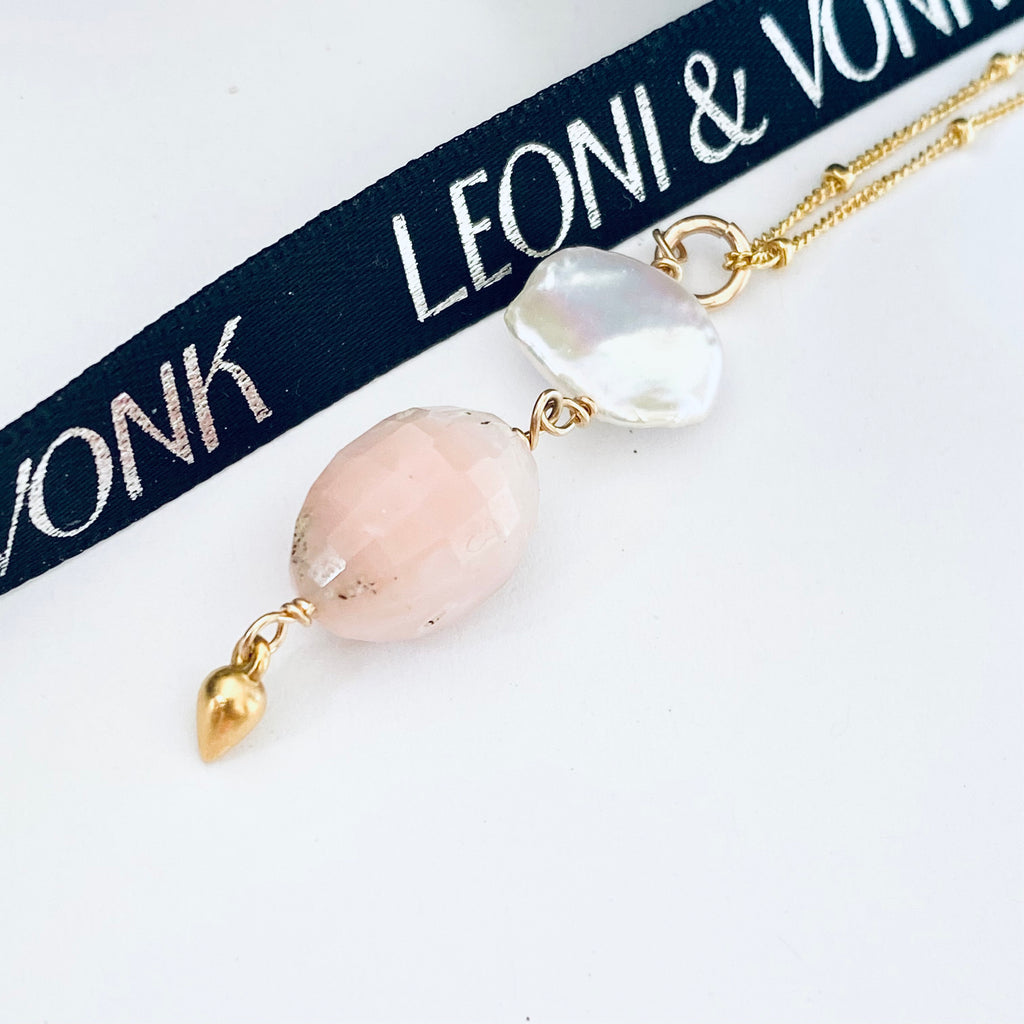 Leoni & Vonk Peruvian opal and keshi pearl neckalce on a white background qith Leoni 7 Vonk ribbon. Pink opal is one of October's birthstones.
