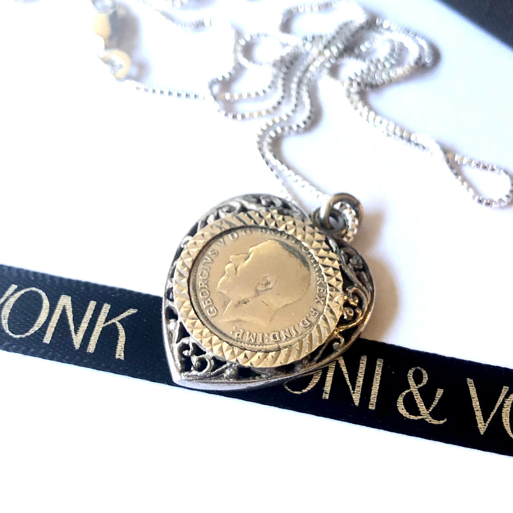 Leoni & Vonk sterling silver 1918 coin heart pendant with Leoni & Vonk ribbon