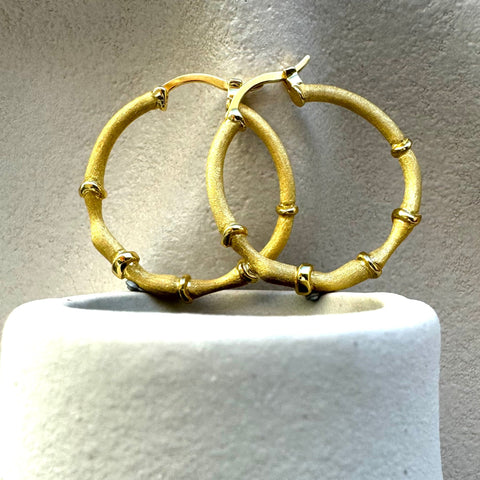 Leoni & Vonk gold hoop earrings on a white vase