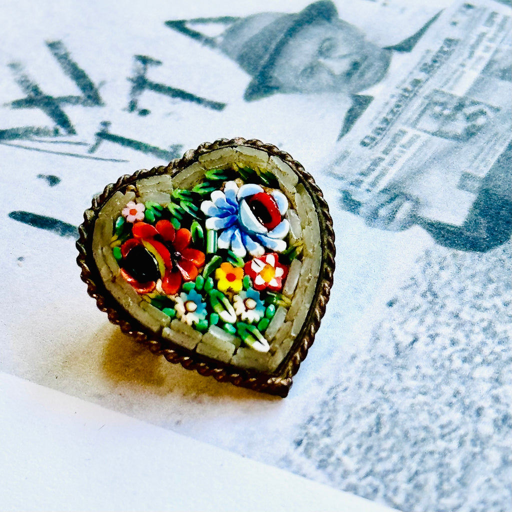 Leoni & Vonk rare antique micro mosaic heart brooch on a vintage Italian postcard.