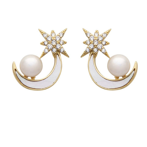 Leoni & Vonk star, moon pearl stud earrings on a white background