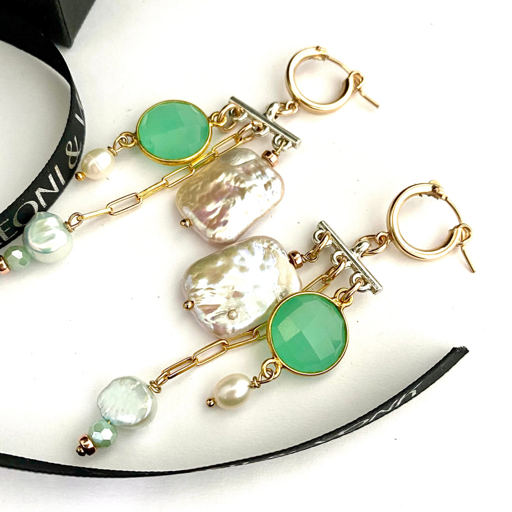 Leoni & Vonk pearl, chain and aqua chalcedony gold hoop earrings on a white background and with black ribbon