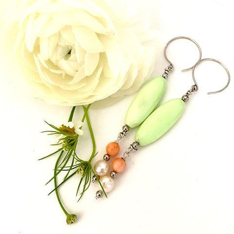 Leoni & Vonk and Greeves St pale green and coral earrings with a white flower