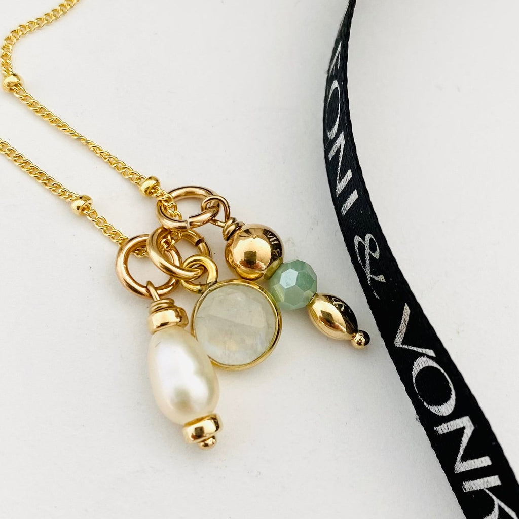 Leoni & Vonk June birthstone moonstone and pearl charm necklace with Leoni & vonk ribbon