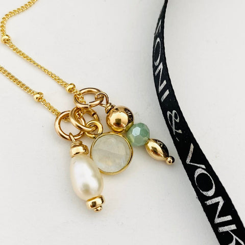 Leoni & Vonk June birthstone moonstone and pearl charm necklace with Leoni & vonk ribbon