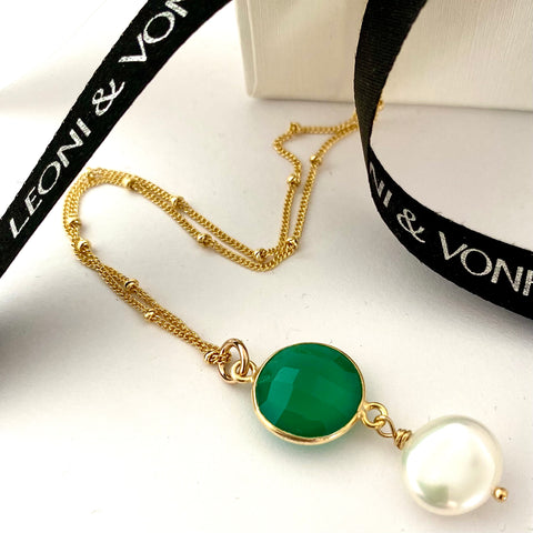 Leoni & Vonk green onyx and keshi pearl necklace with Leoni & Vonk ribbon