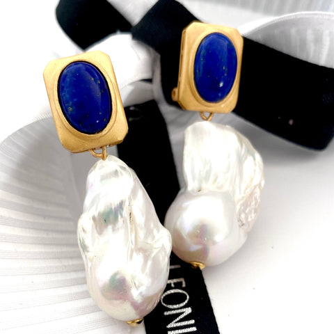 Leoni & Vonk Yi Su lapis, gold and baroque pearl earrings with Leoni & Vonk ribbon