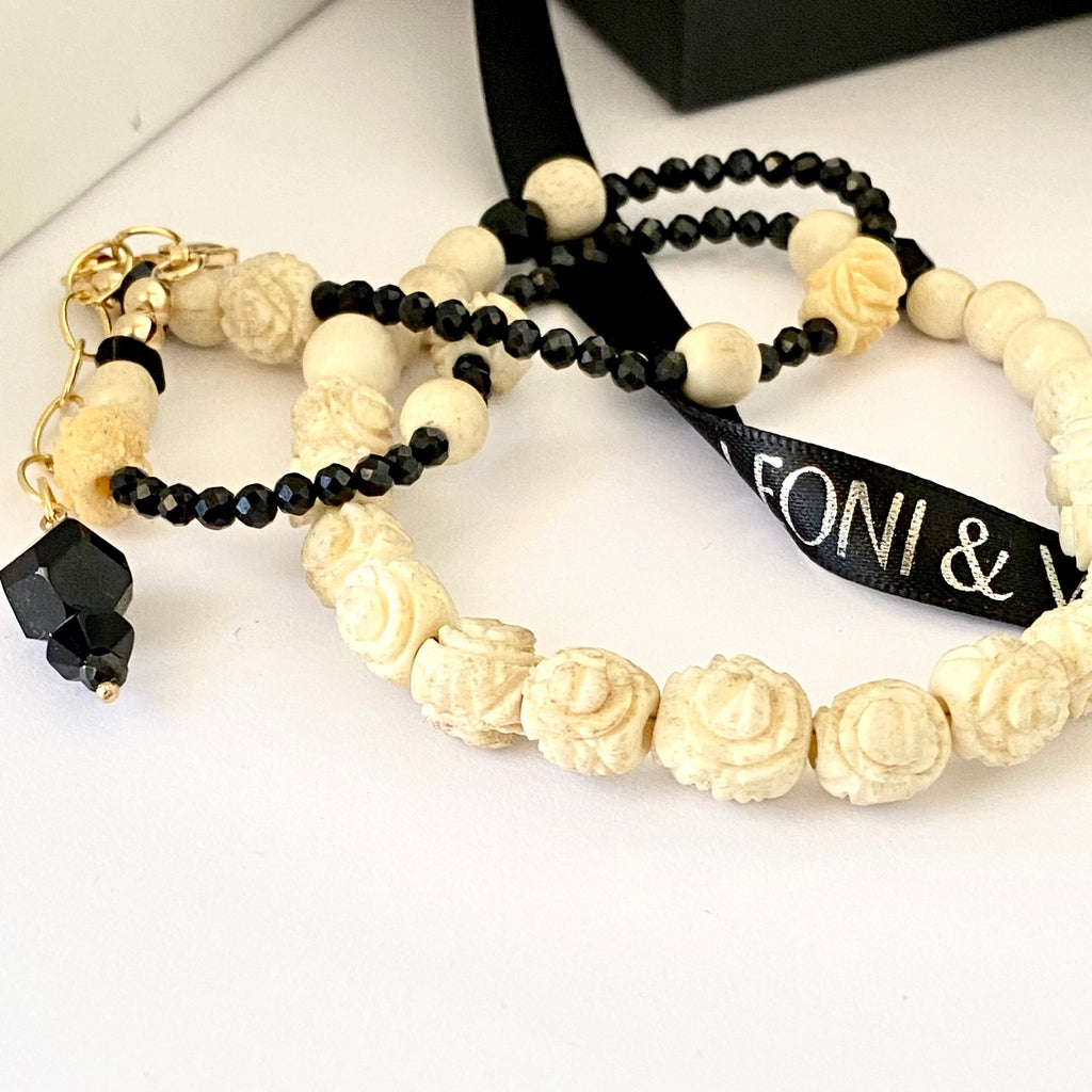 Leoni & Vonk carved bone and crystal necklace with Leoni & Vonk ribbon