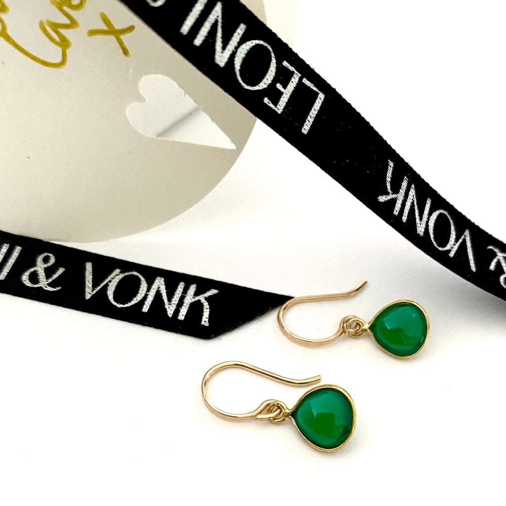 Leoni & Vonk green onyx and gold drop earrings photographed with Leoni & Vonk ribbon