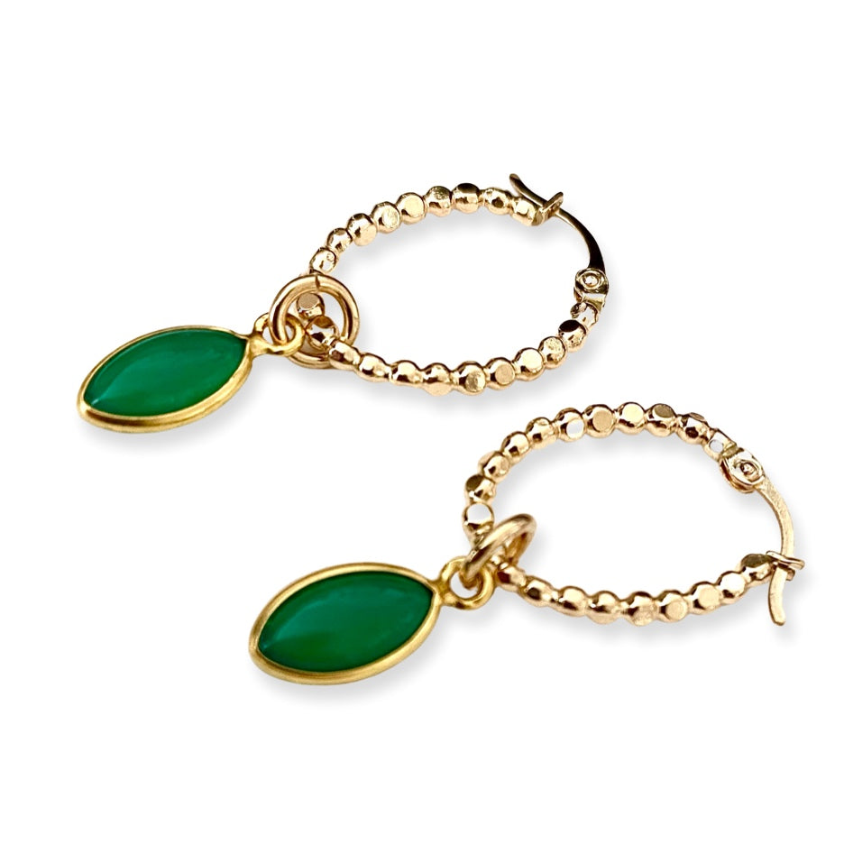 Leoni & Vonk green onyx and gold hoop earrings on a white background