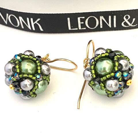 Leoni & Vonk green pearl and seed bead balls on gold hook earrings with Leoni & Vonk ribbon.