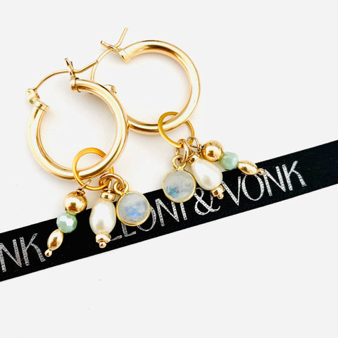 Leoni & Vonk June birthstone moonstone and pearl charm hoop earrings with Leoni & Vonk ribbon