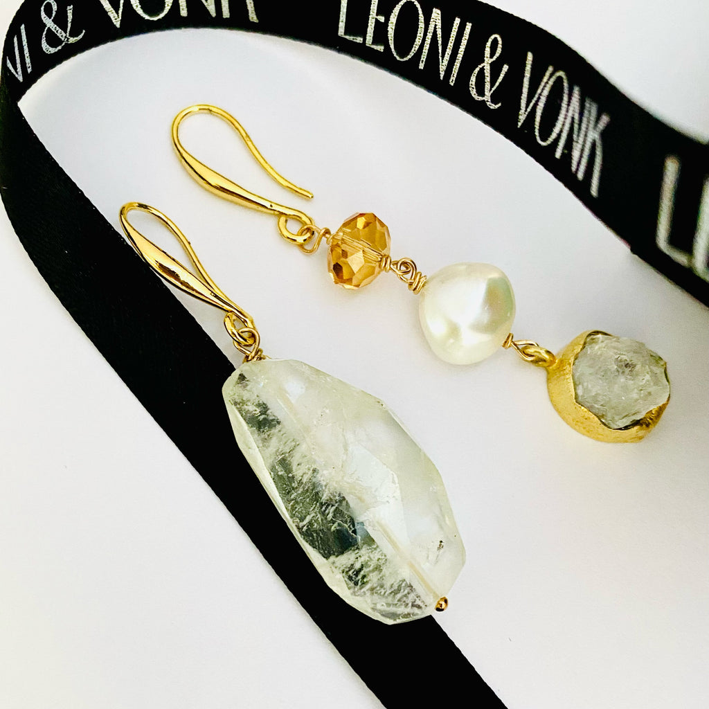 Leoni & Vonk asymmetrical  rock crystal and pearl earrings with leoni & Vonk ribbon