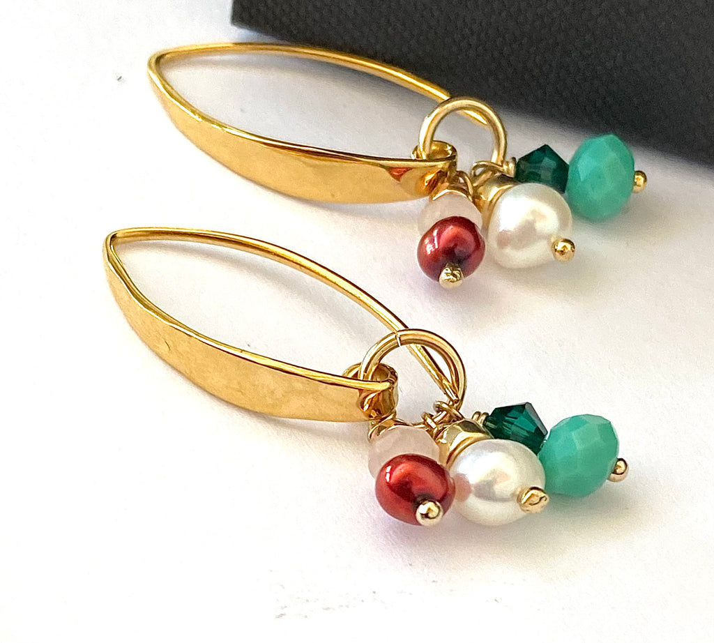 Leoni & Vonk multicoloured gemstone and pearls gold charm earrings on a white background