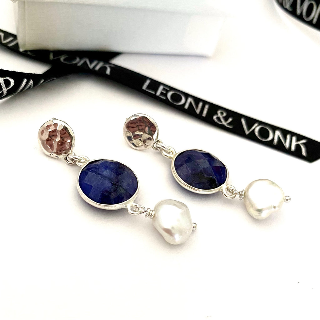 Leoni & Vonk sterling silver stud, sapphire and keshi pearl earrings with Leoni & Vonk ribbon