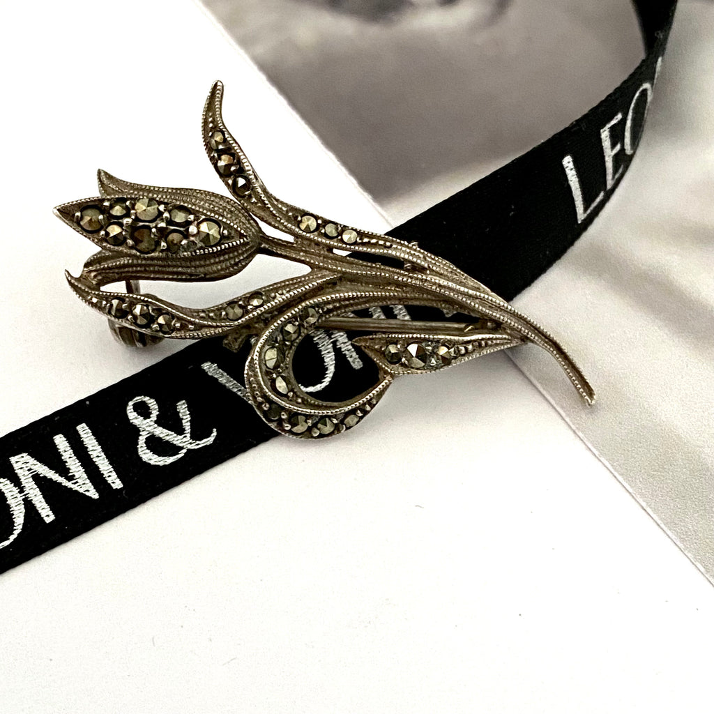 Leoni & Vonk vintage silver marcasite flower brooch with Leoni & Vonk ribbon