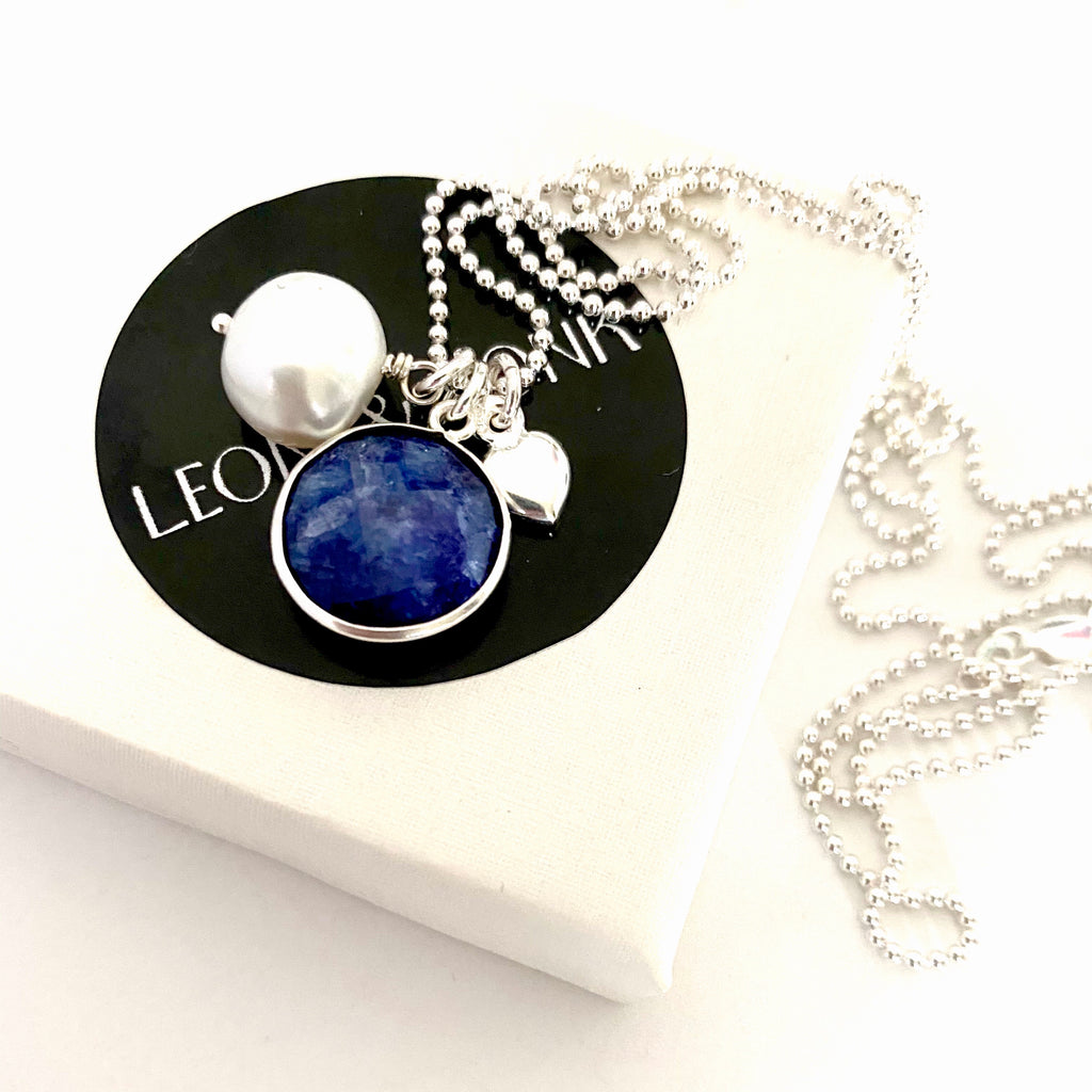 September Sapphire Pearl Silver Charm Necklace